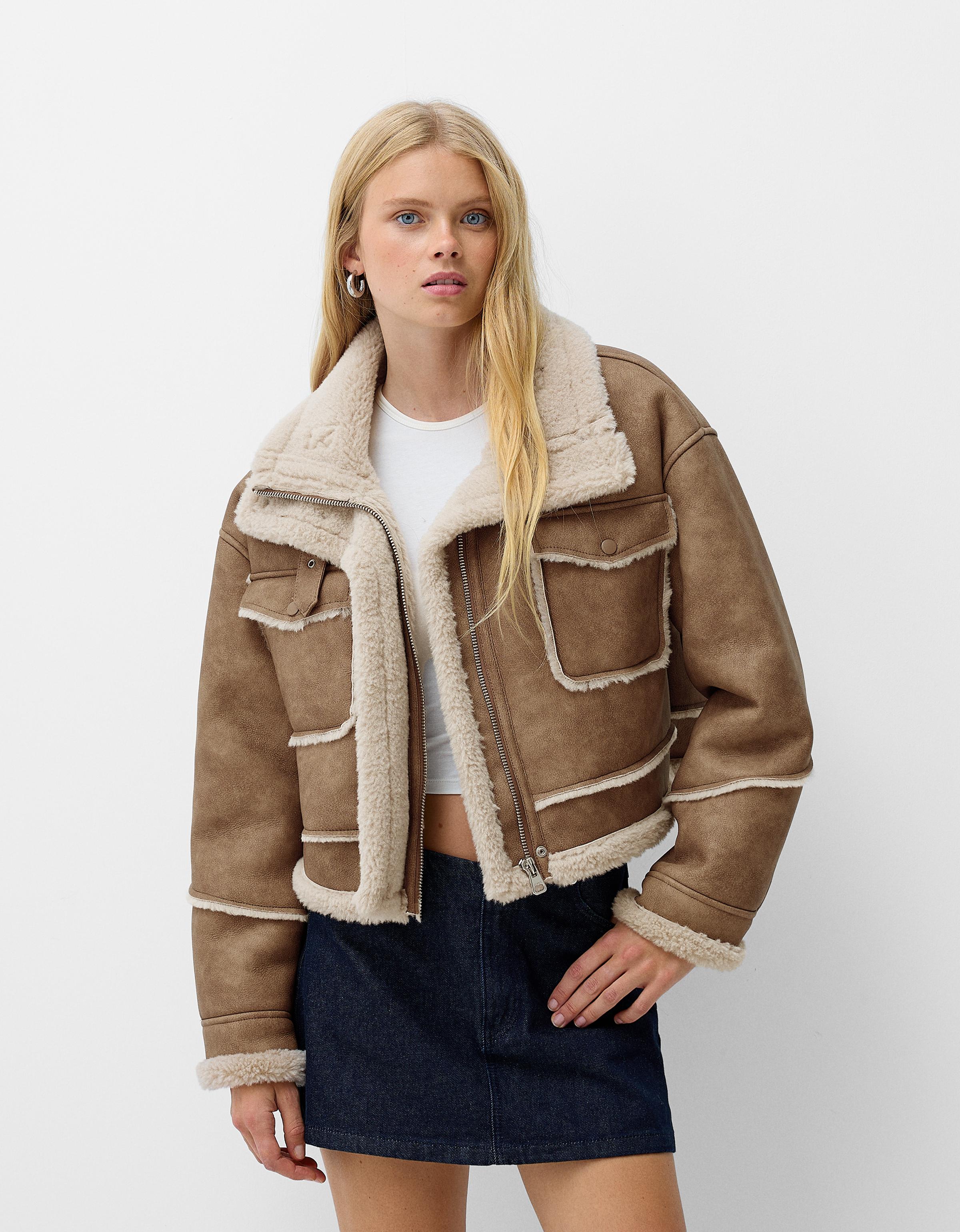 Bershka Doubleface-Kunstlederjacke Damen Xs Camel