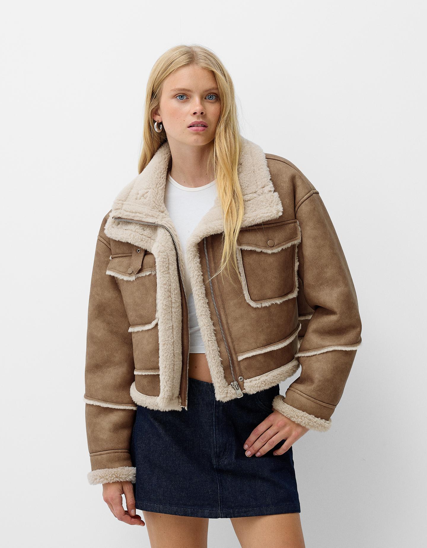 Bershka Cazadora Efecto Piel Doble Faz Mujer Xs Camel