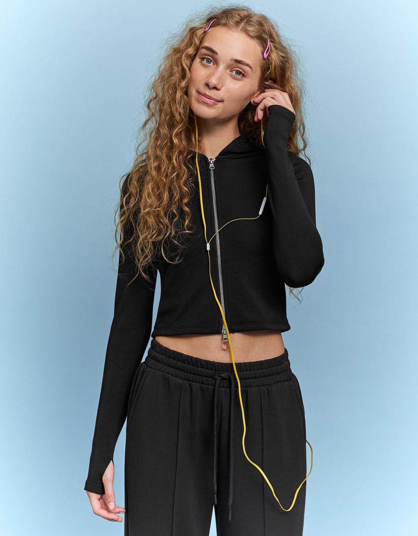 Soft zip-up modal hoodie-Black