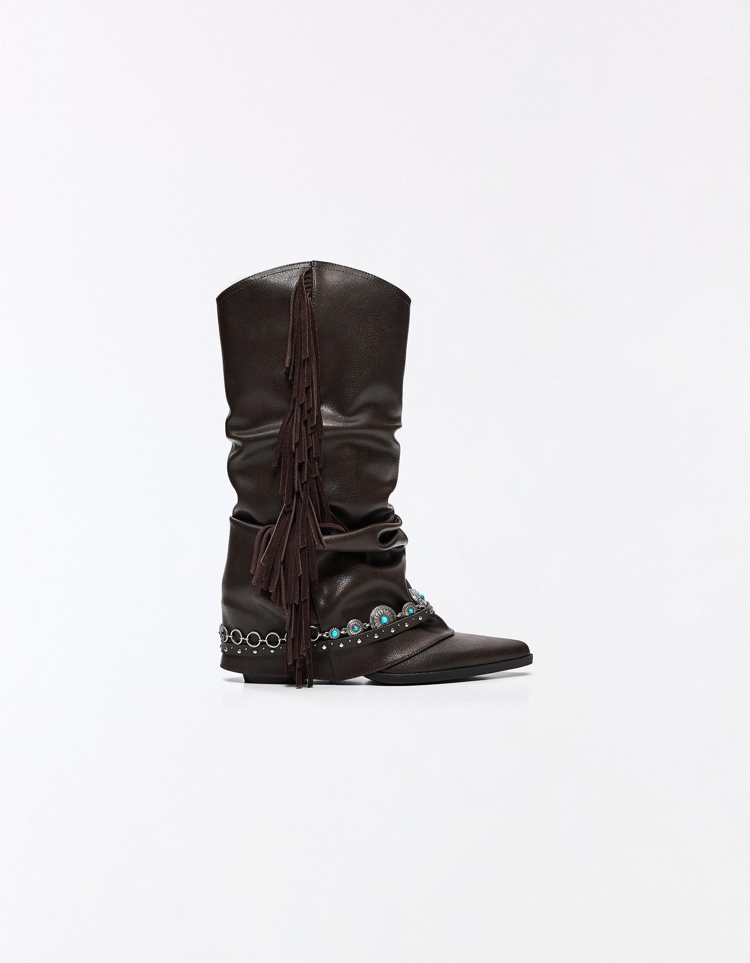 Fringed cowboy heel boots — Brown