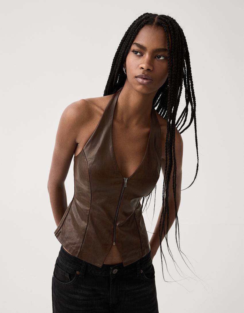 Leather effect halter top with zip-Brown-2