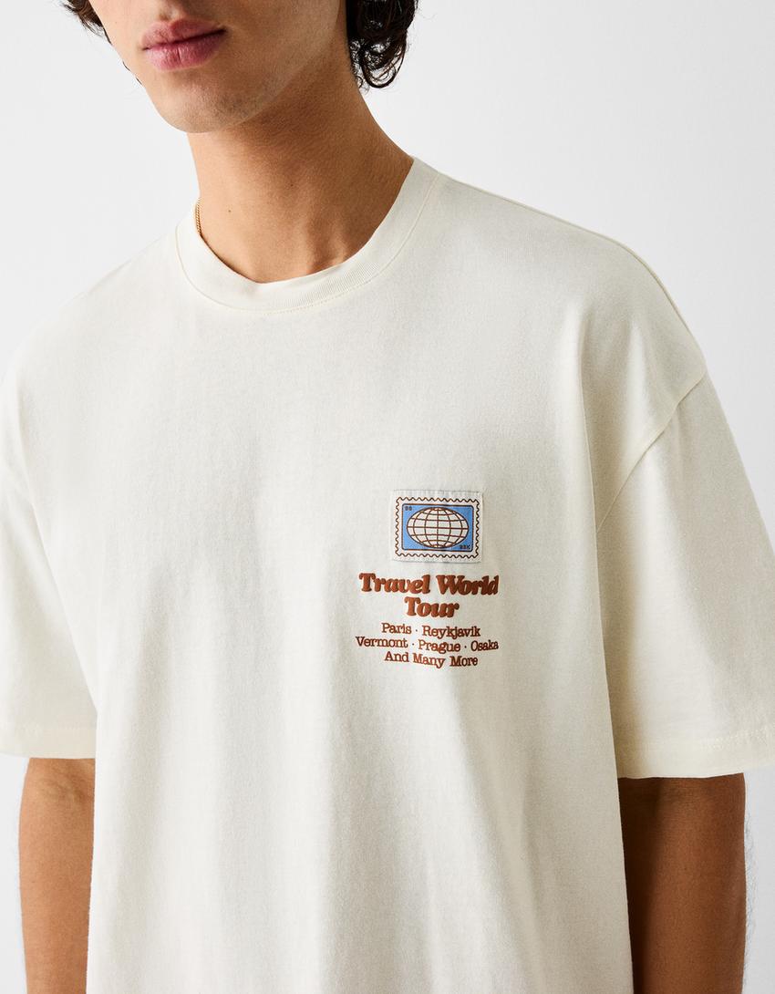 T-shirt manches courtes boxy fit imprimé-Blanc cassé-6