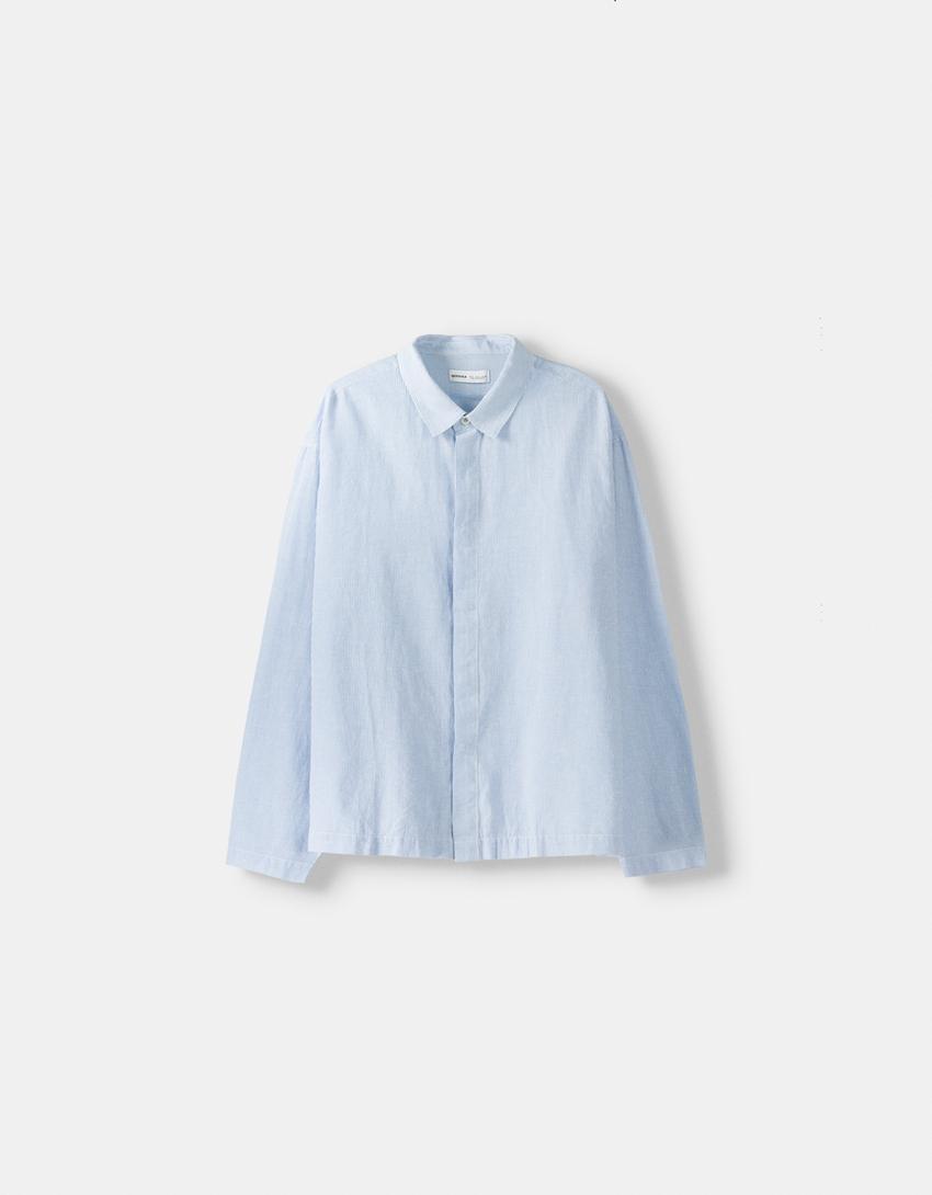 Chemise manches longues loose fit lin-Bleu clair-4