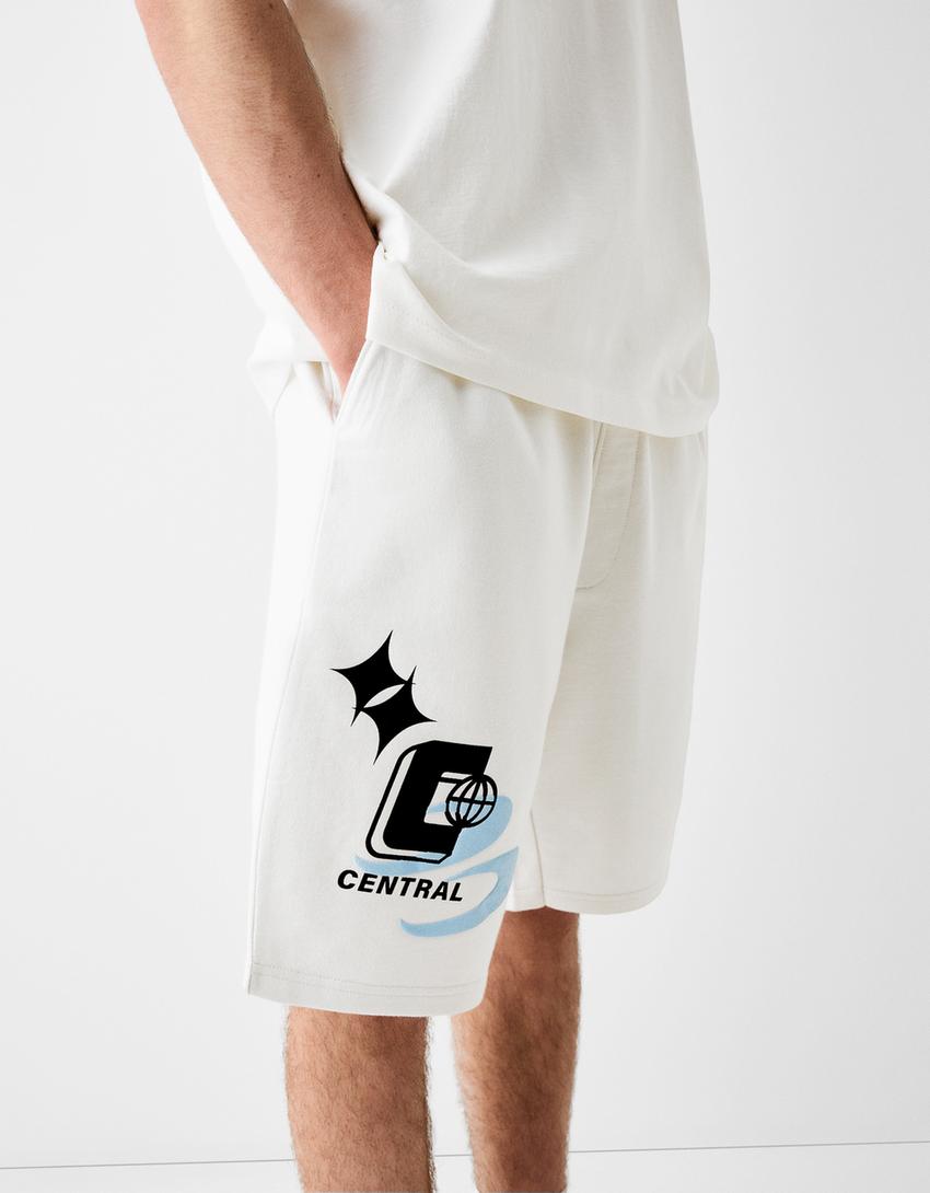 Relaxed fit plush printed Bermuda shorts-White-3