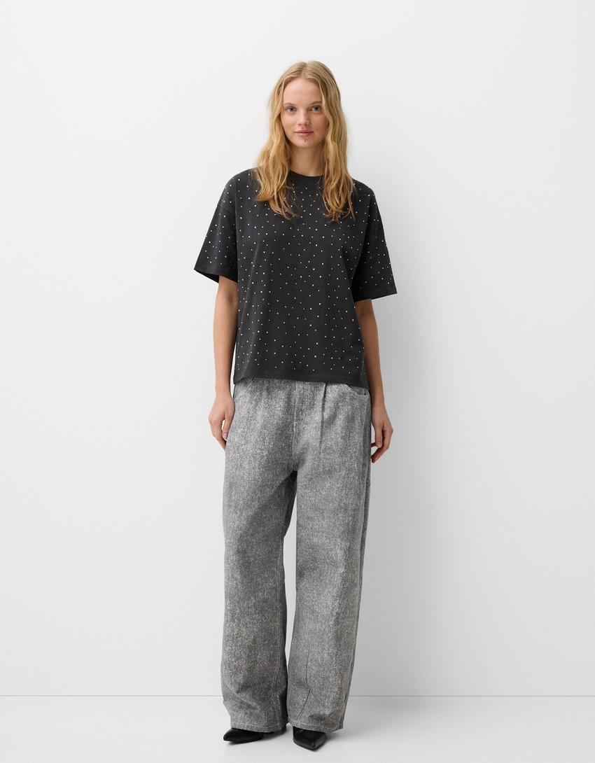Tricou oversize mânecă scurtă strasuri-Gri închis-3