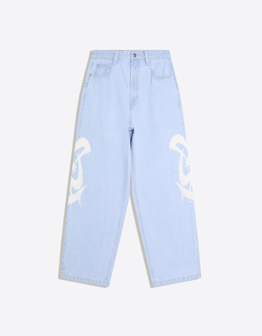 Jeans super baggy fit stampa laterale-Azzurro Chiaro