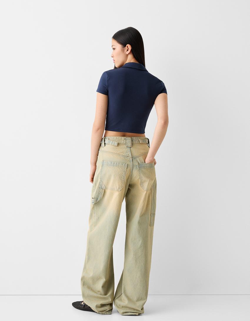 Printed short sleeve T-shirt with a polo collar-Navy