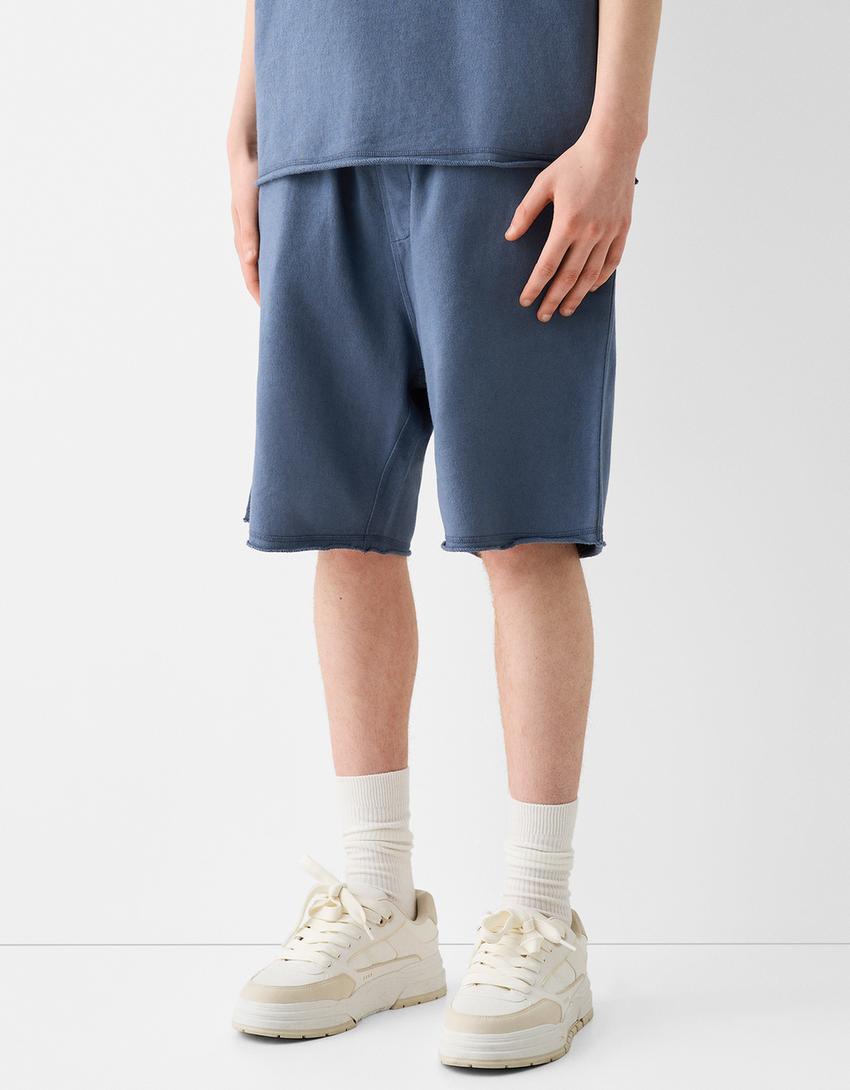 Calções bermuda felpa efeito lavado-Azul escuro-1