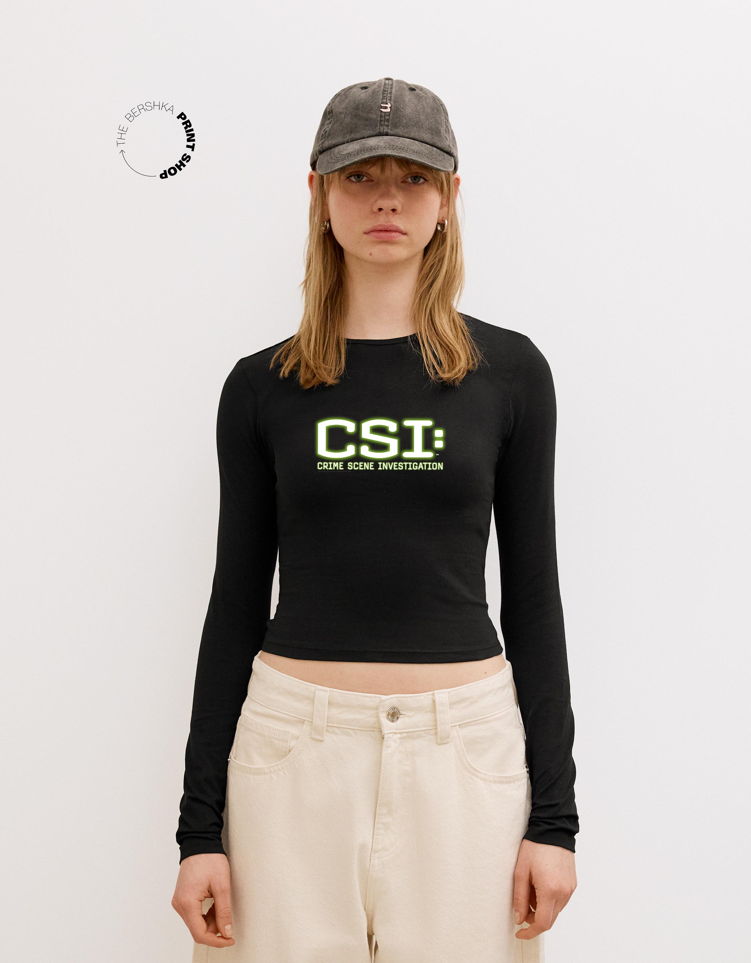 Bershka Csi Langarm-T-Shirt Damen S Schwarz