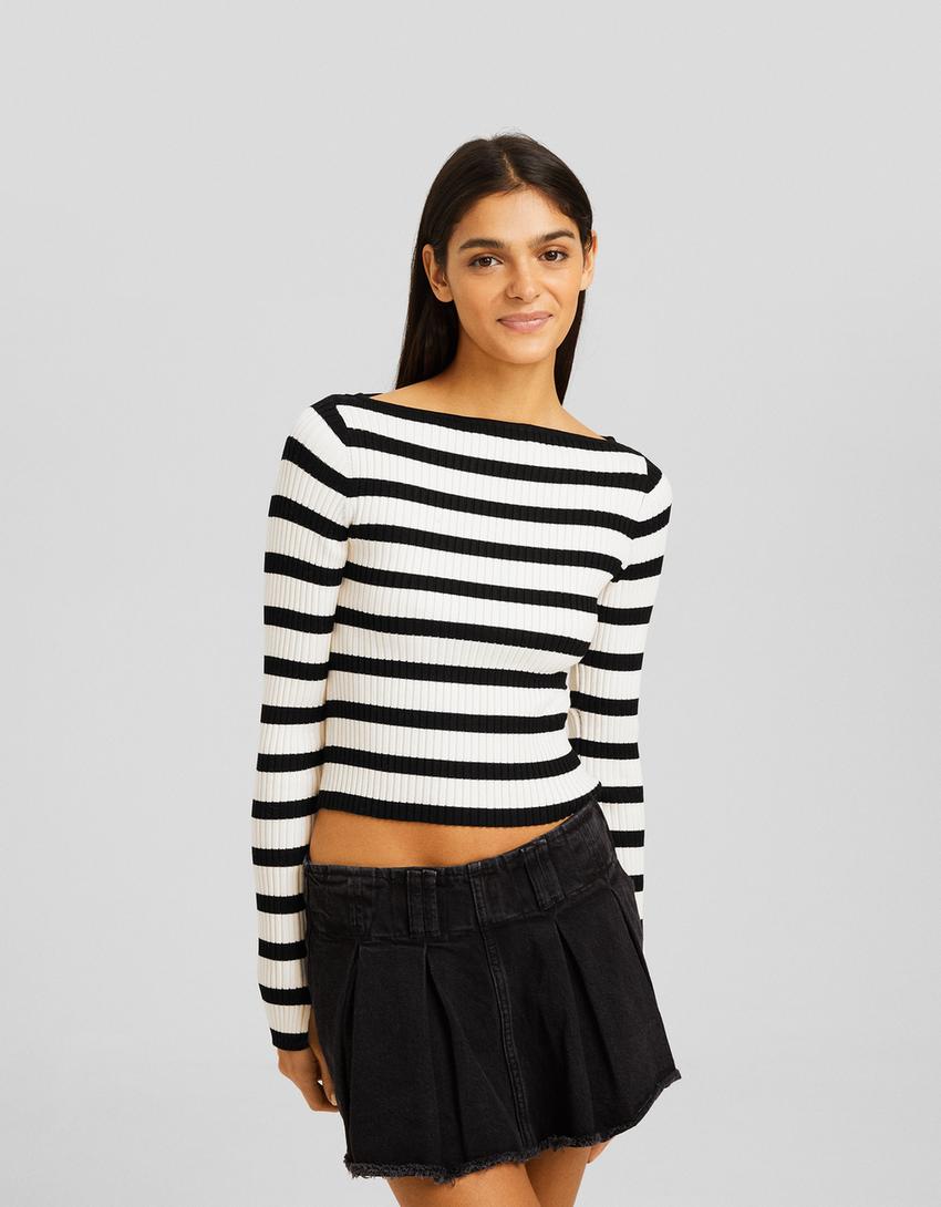 Ribbed boat neck sweater-Black-0