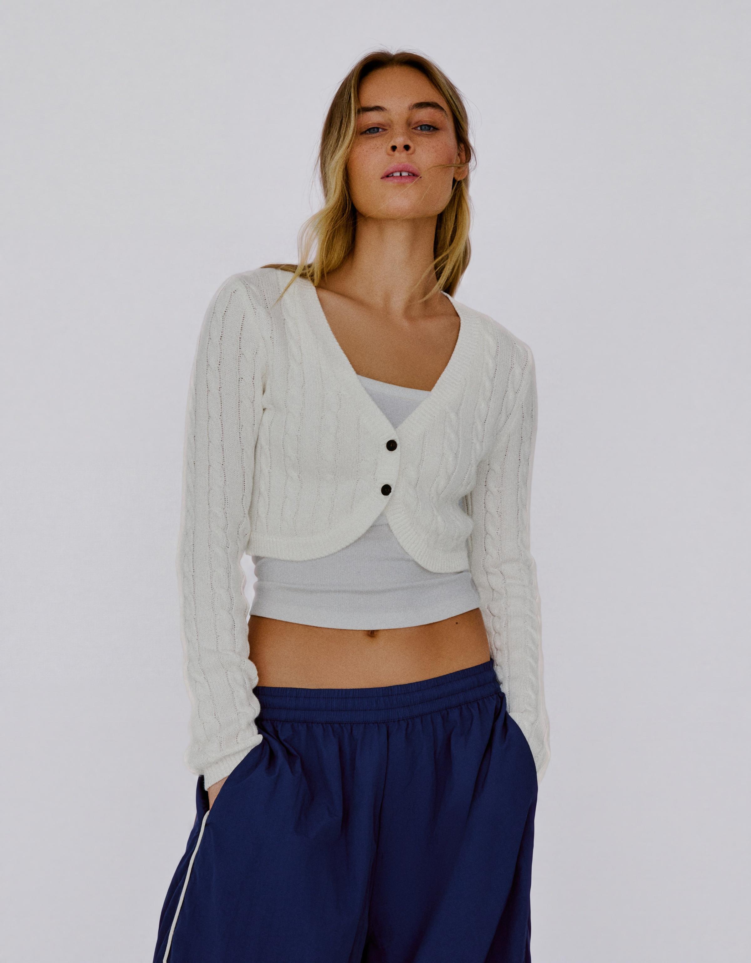 Cropped cable-knit cardigan — Cream