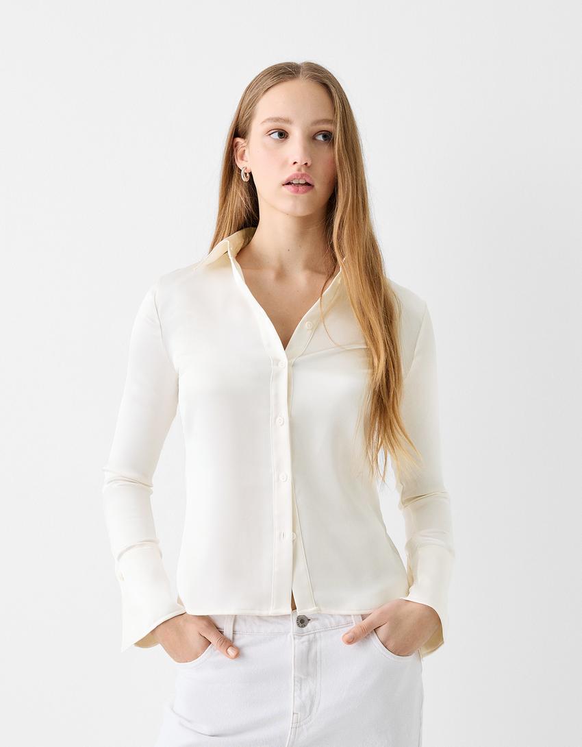 Fitted satin shirt with bell sleeves-Off white-0