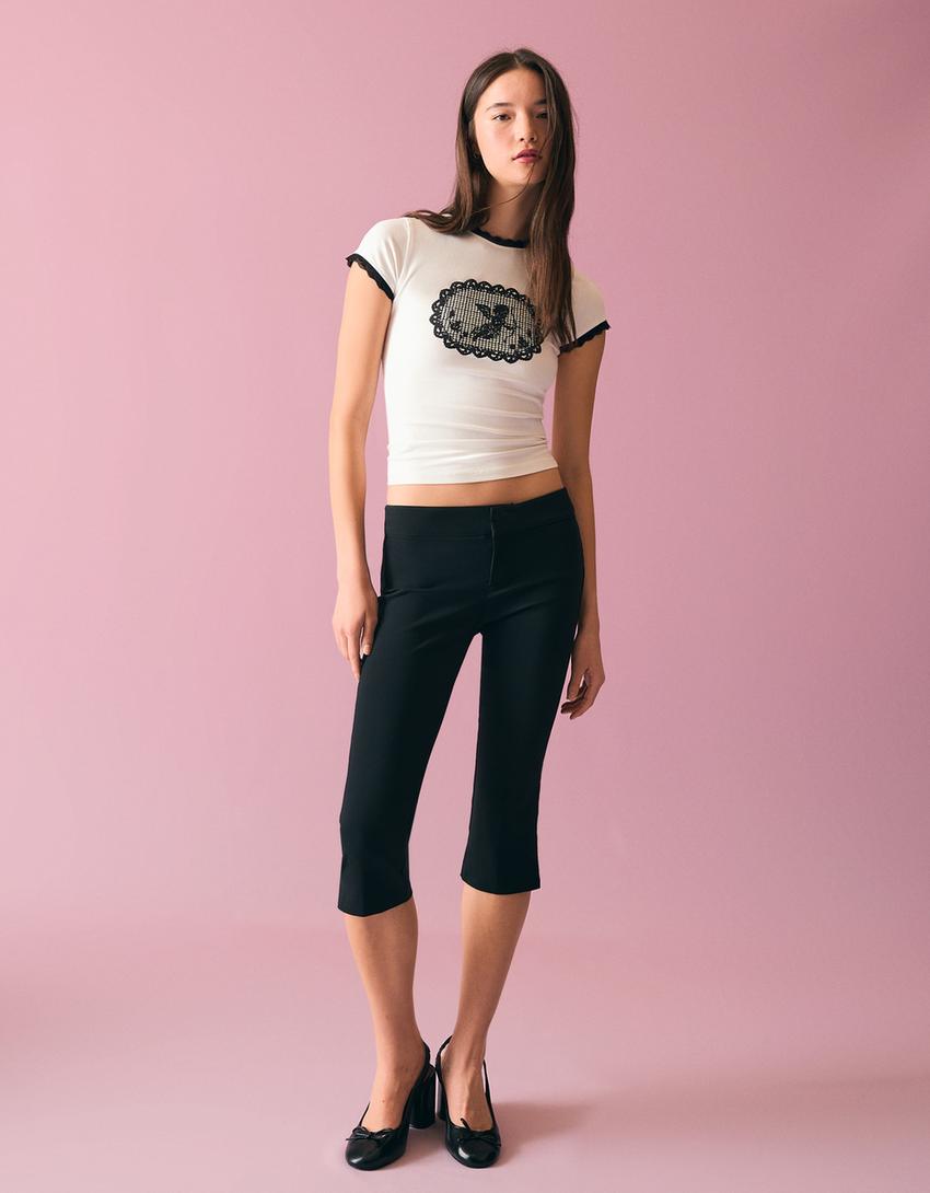 Camiseta manga corta contraste encaje-Blanco roto