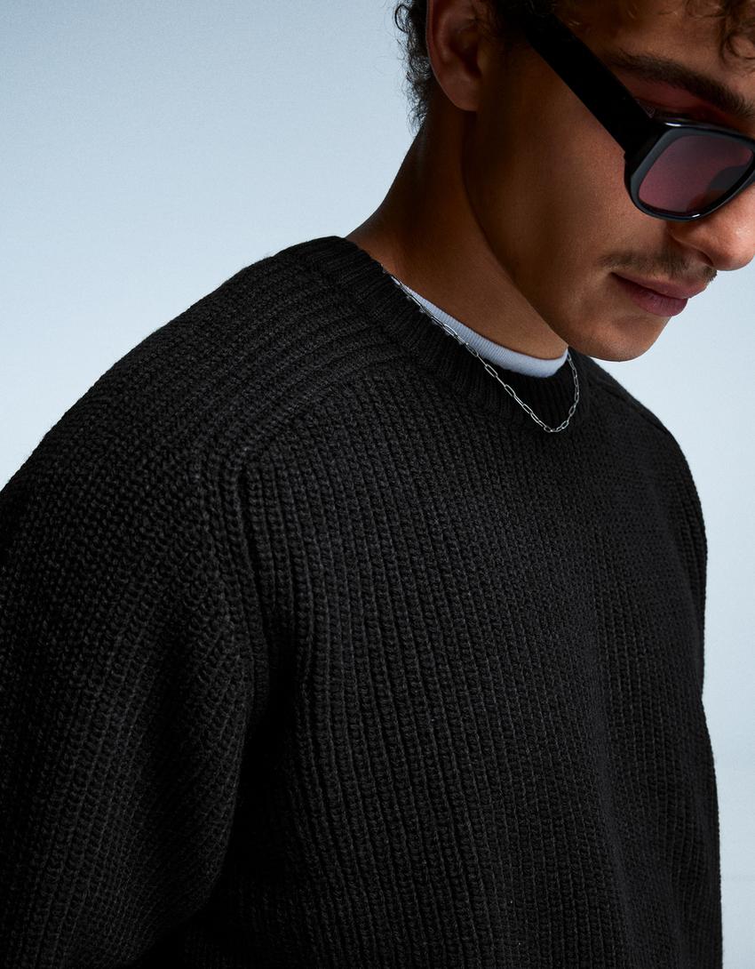 Pull en maille à côtes perlées avec laine-Noir-2