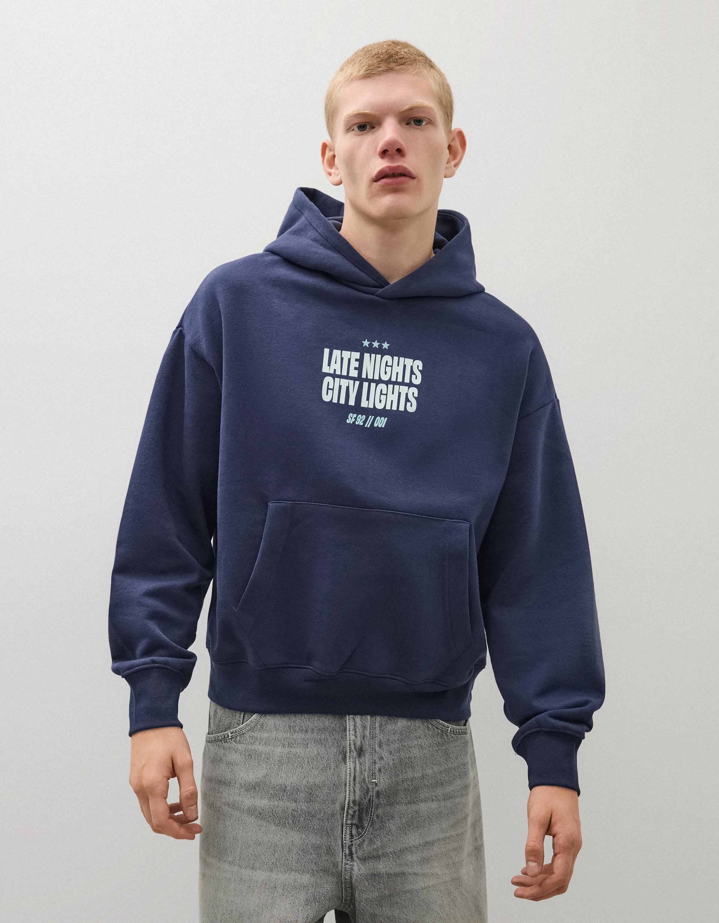 Bershka Sudadera Capucha Print Hombre L Marino