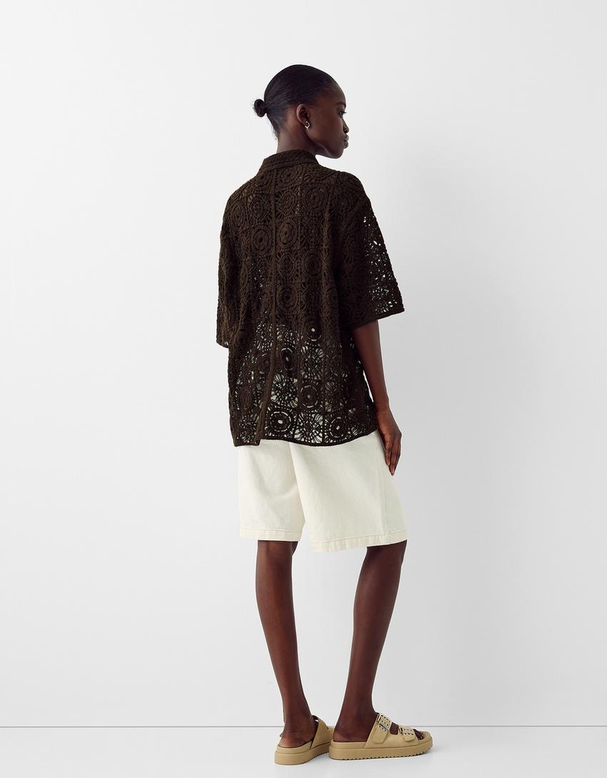 Chemise manches courtes crochet-Marron-1