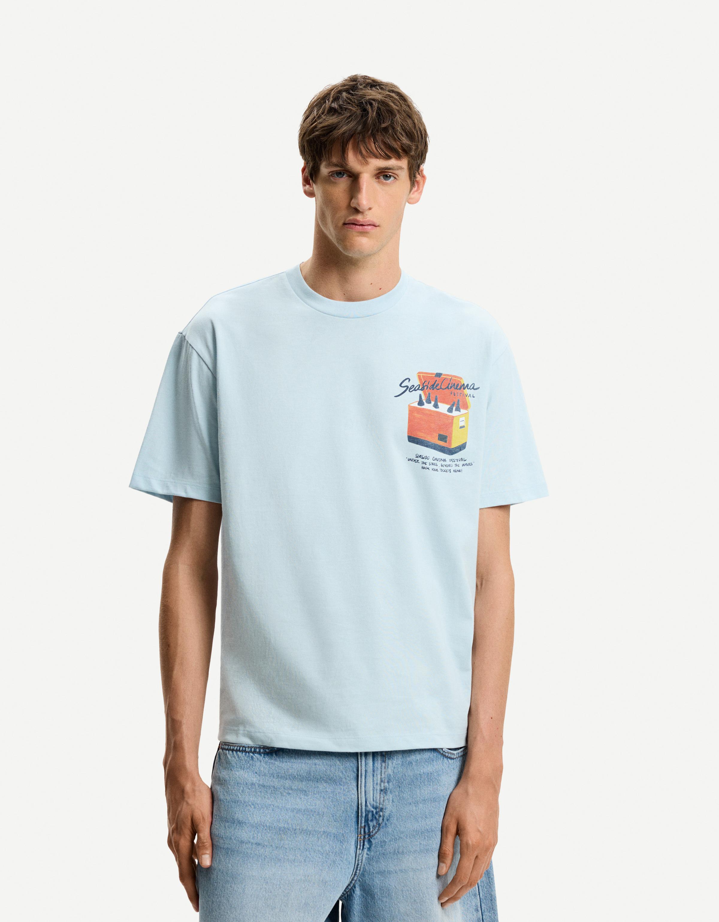 Bershka T-Shirt Mit Print Und Kurzen Ärmeln Herren M Blau