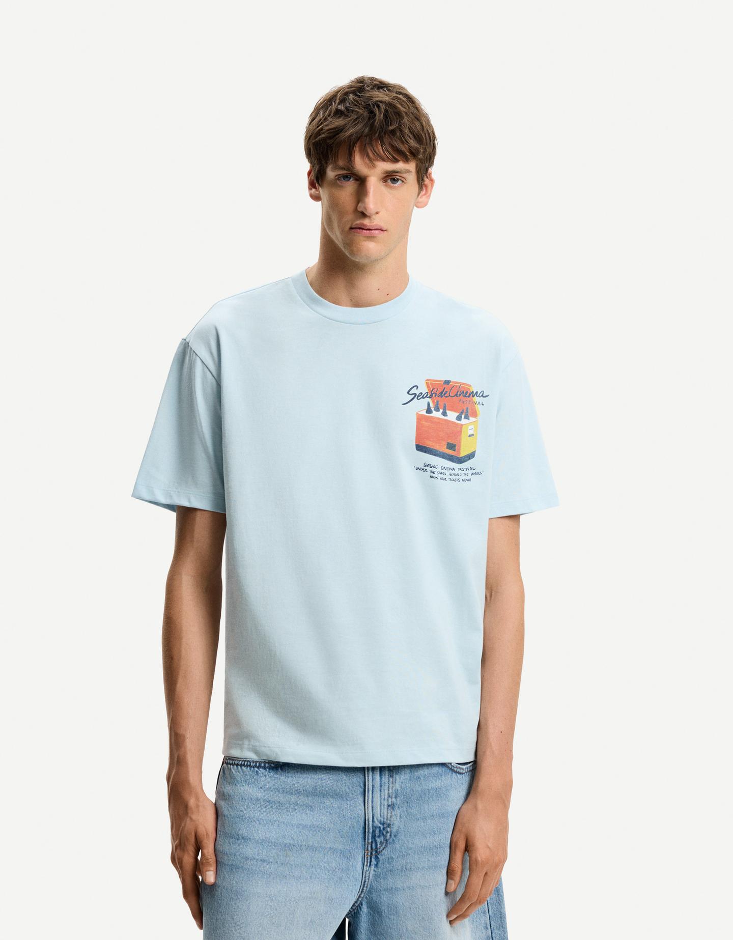 Bershka Maglietta A Maniche Corte Con Stampa Uomo S Azzurro