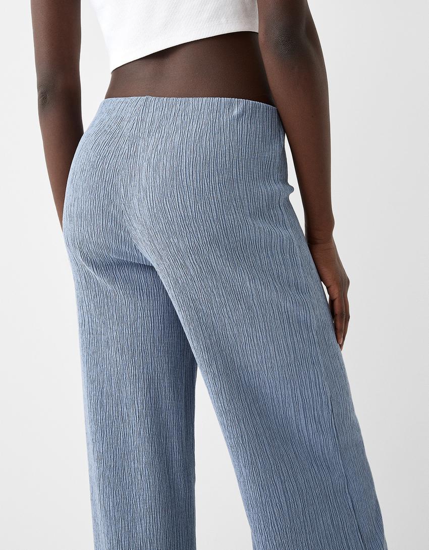 Pantalon wide leg gaufré-Bleu-3