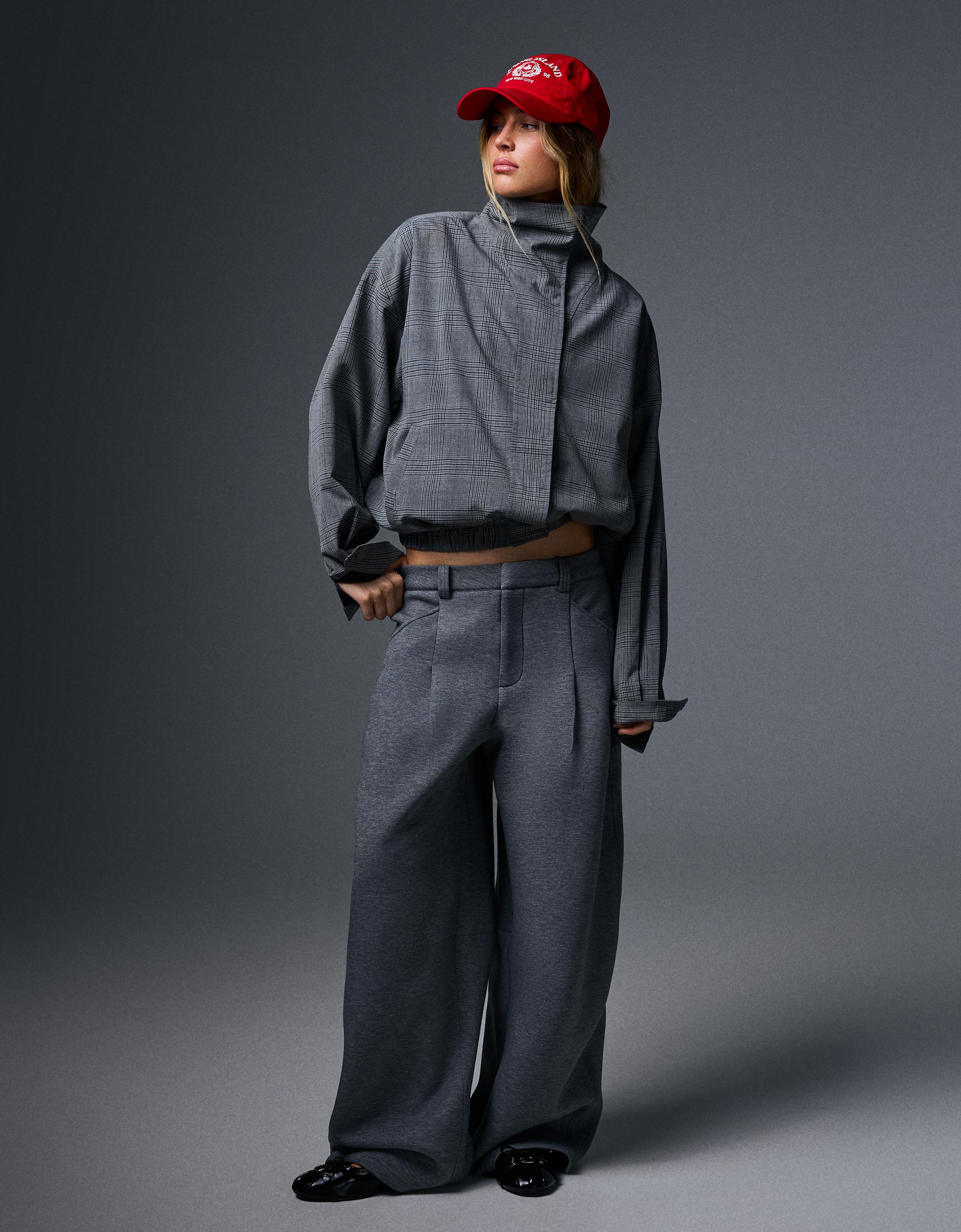 Checked funnel neck jacket — Grey