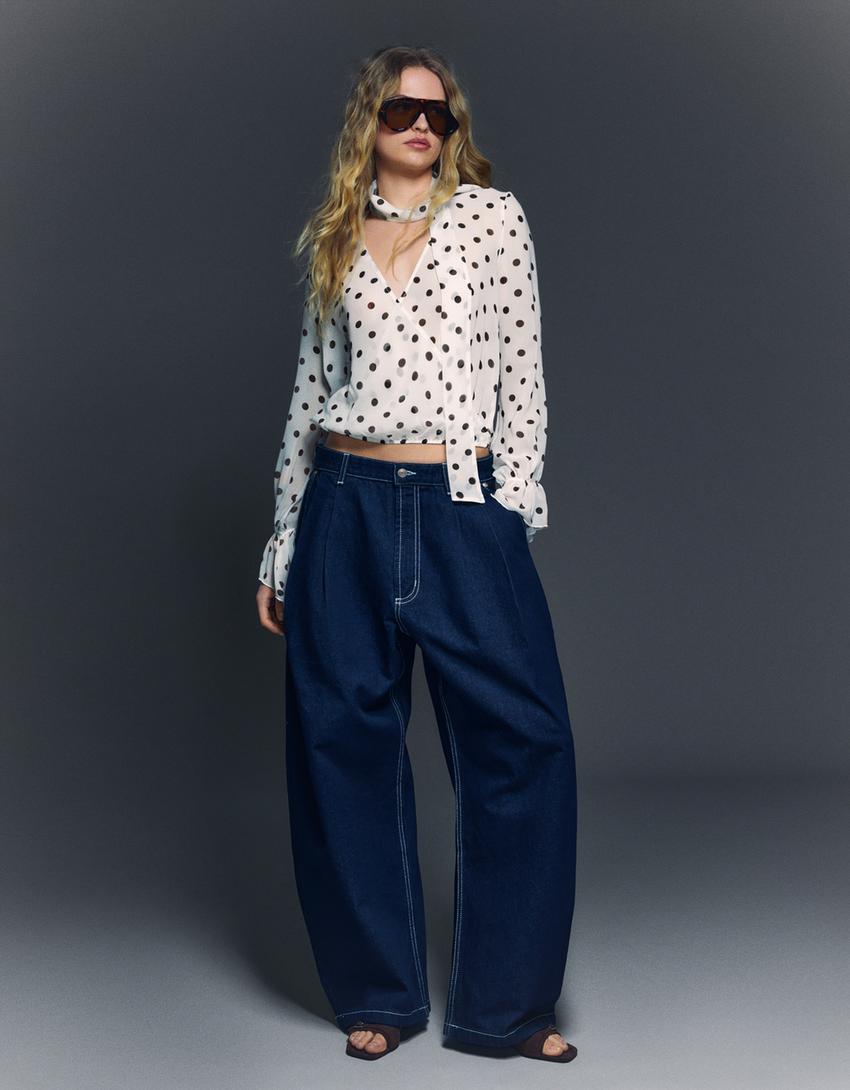 Bluza dugih rukava na preklop s maramom-Bijela