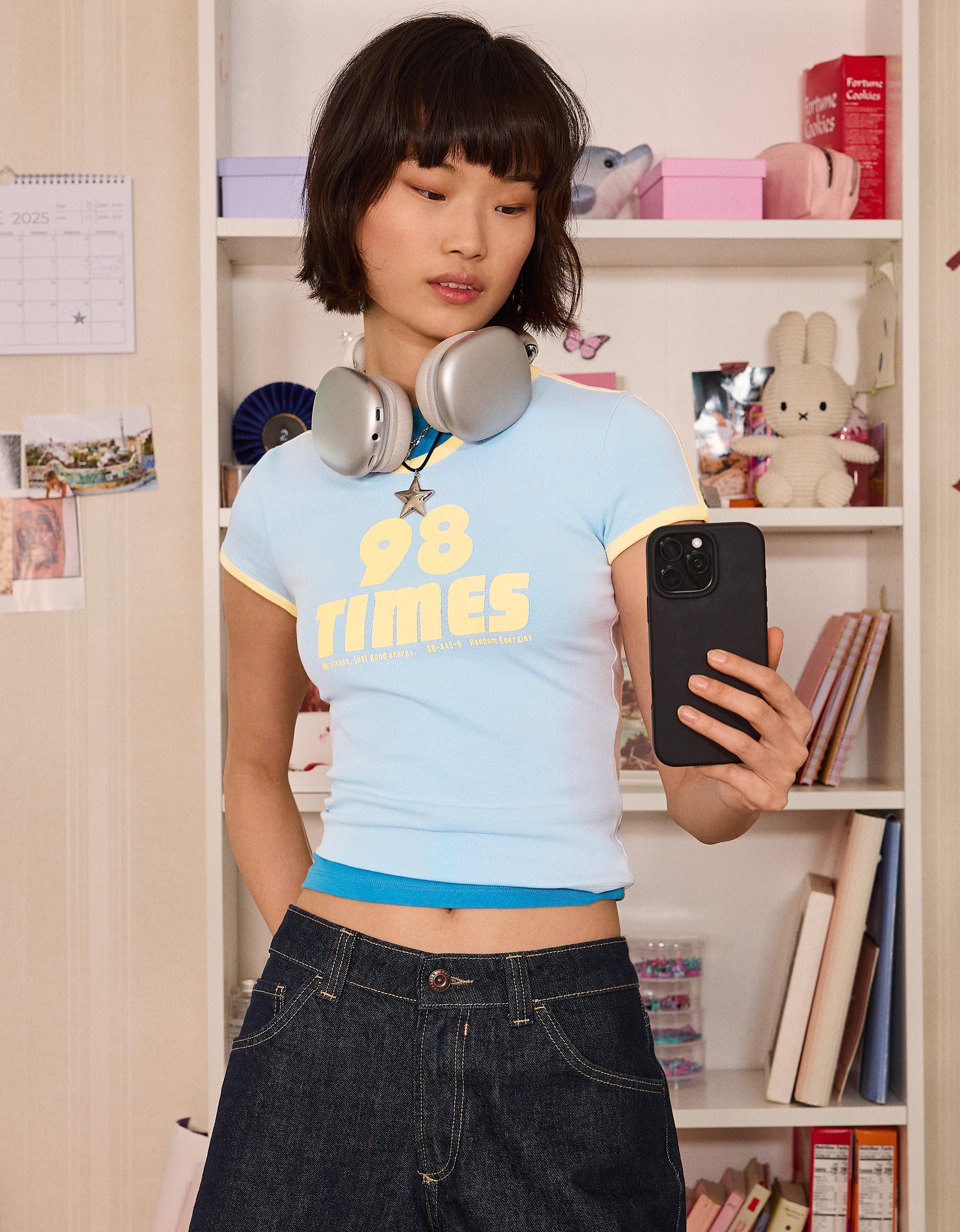Bershka Camiseta Manga Corta Contraste Print Mujer L Azul
