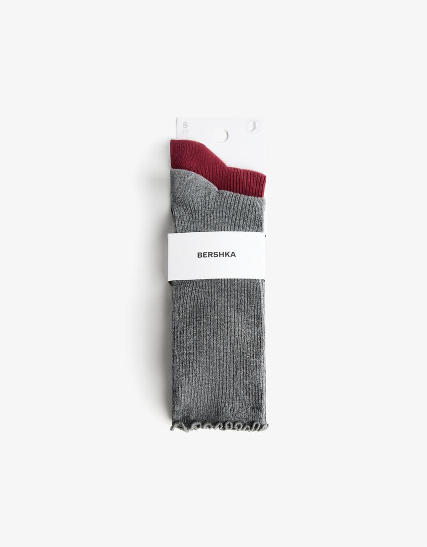 Pack of 2 lettuce-edge ribbed socks-Maroon-2