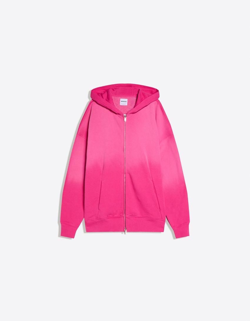 Oversize kapüşonlu fermuarlı sweatshirt-Fuşya