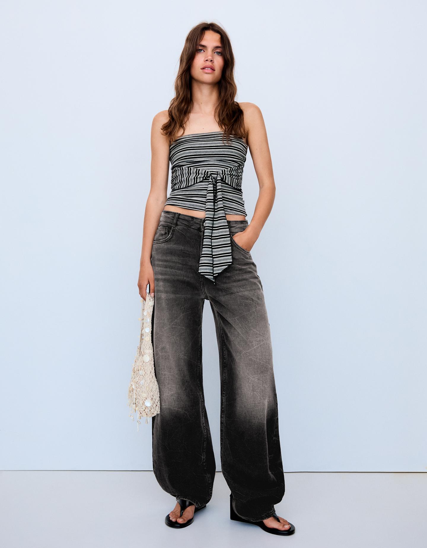 Bershka Jeans Barrel Tiro Alto Mujer Negro