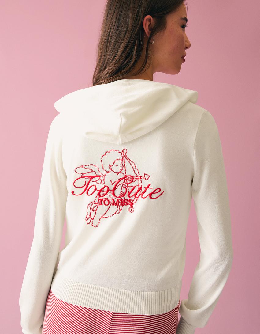 Zip-up print hoodie-Cream