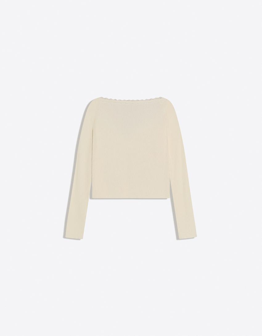 Shirt mit Spitzenstrick-Rohweiß