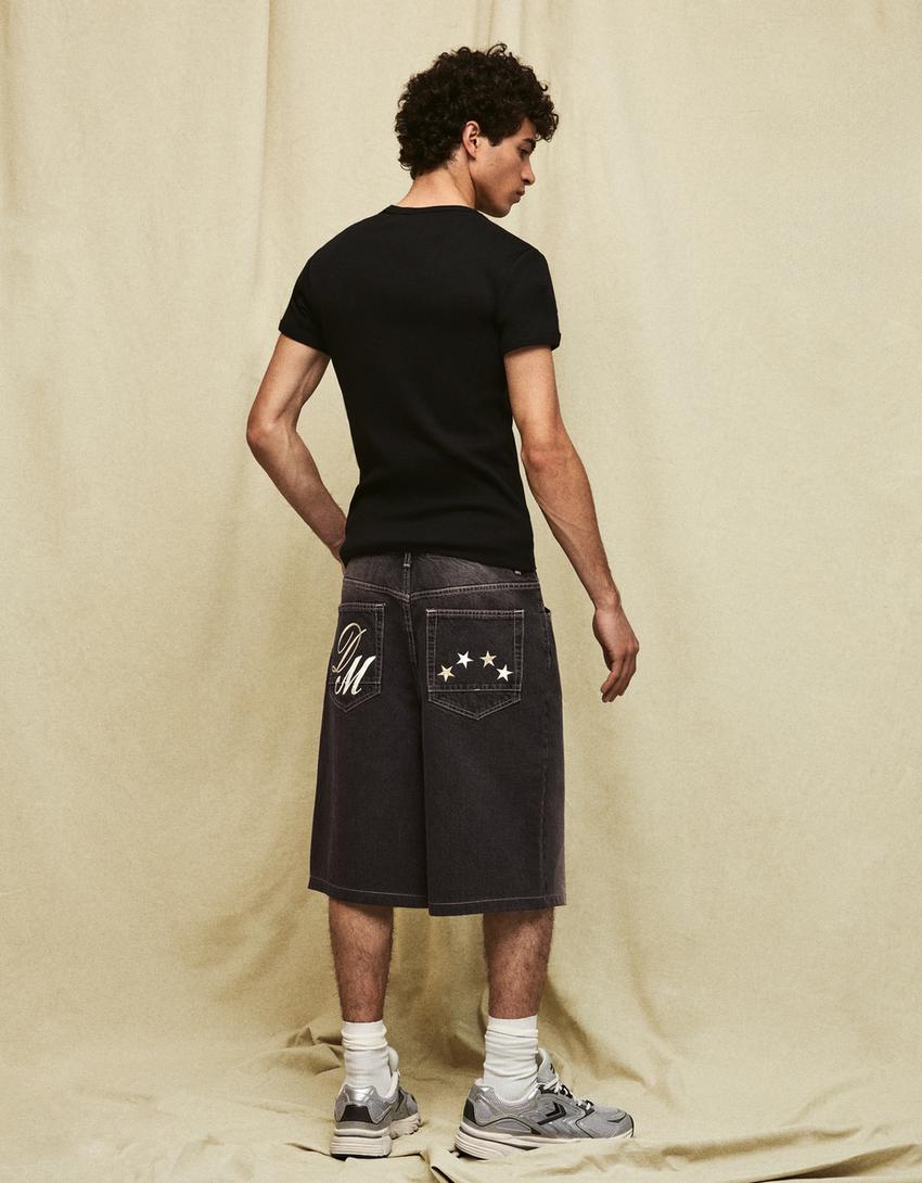 Bermuda jean super baggy brodée-Marron