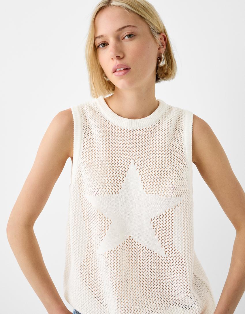 T-shirt bretelles jacquard étoile-Blanc-3