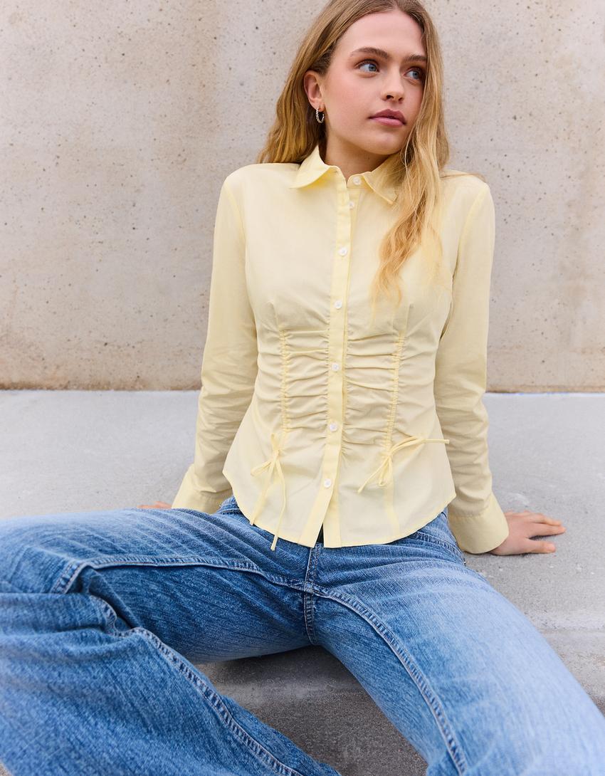 Gathered poplin shirt-Yellow