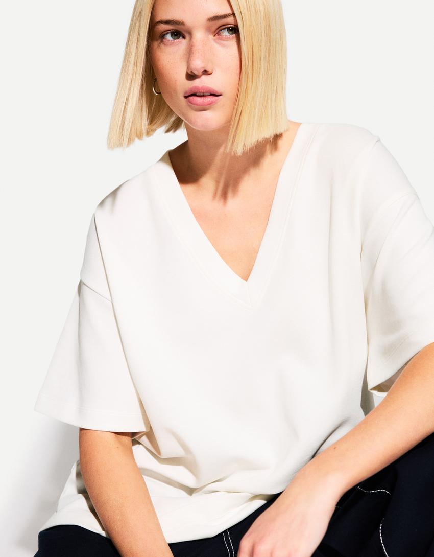 Heavy cotton short sleeve V-neck T-shirt-Off white-1