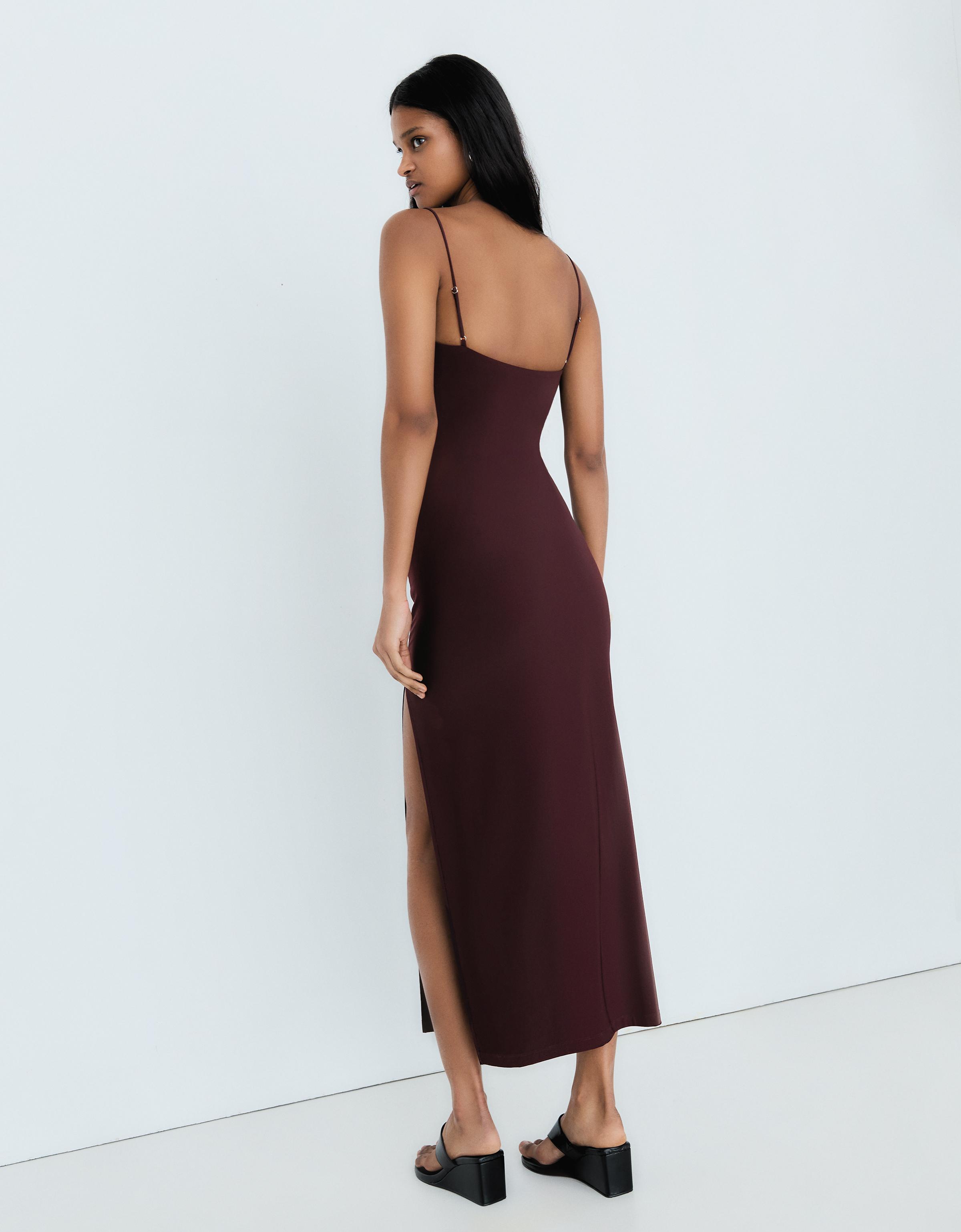 Ruched strap midi dress — Burgundy