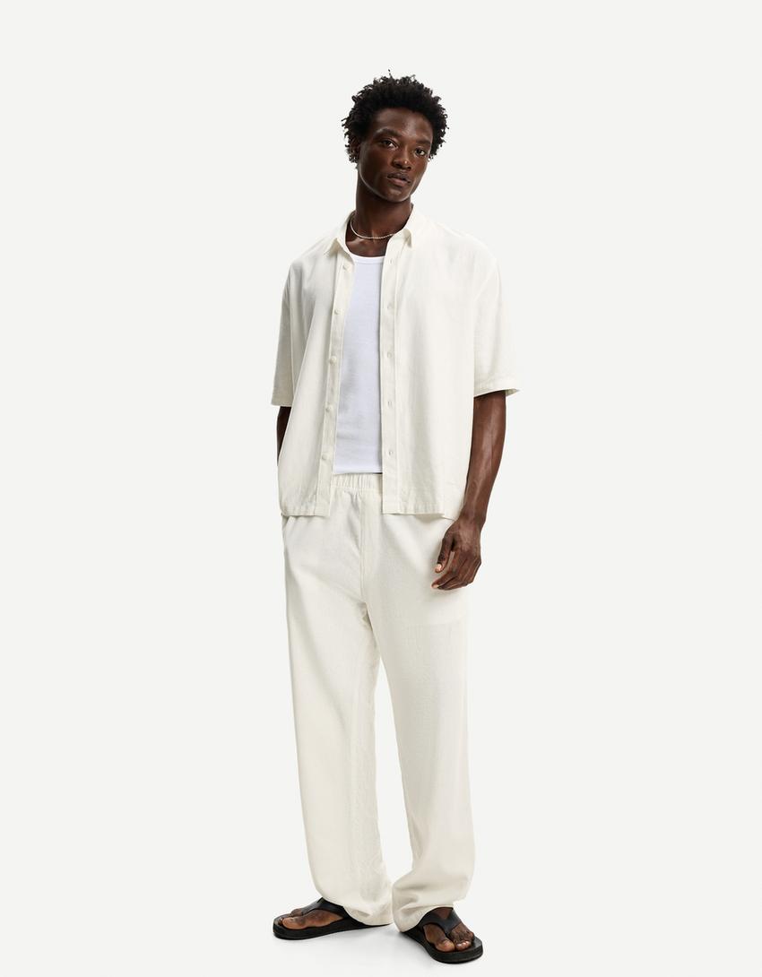 Pantalón wide leg jogger con lino-Blanco-0