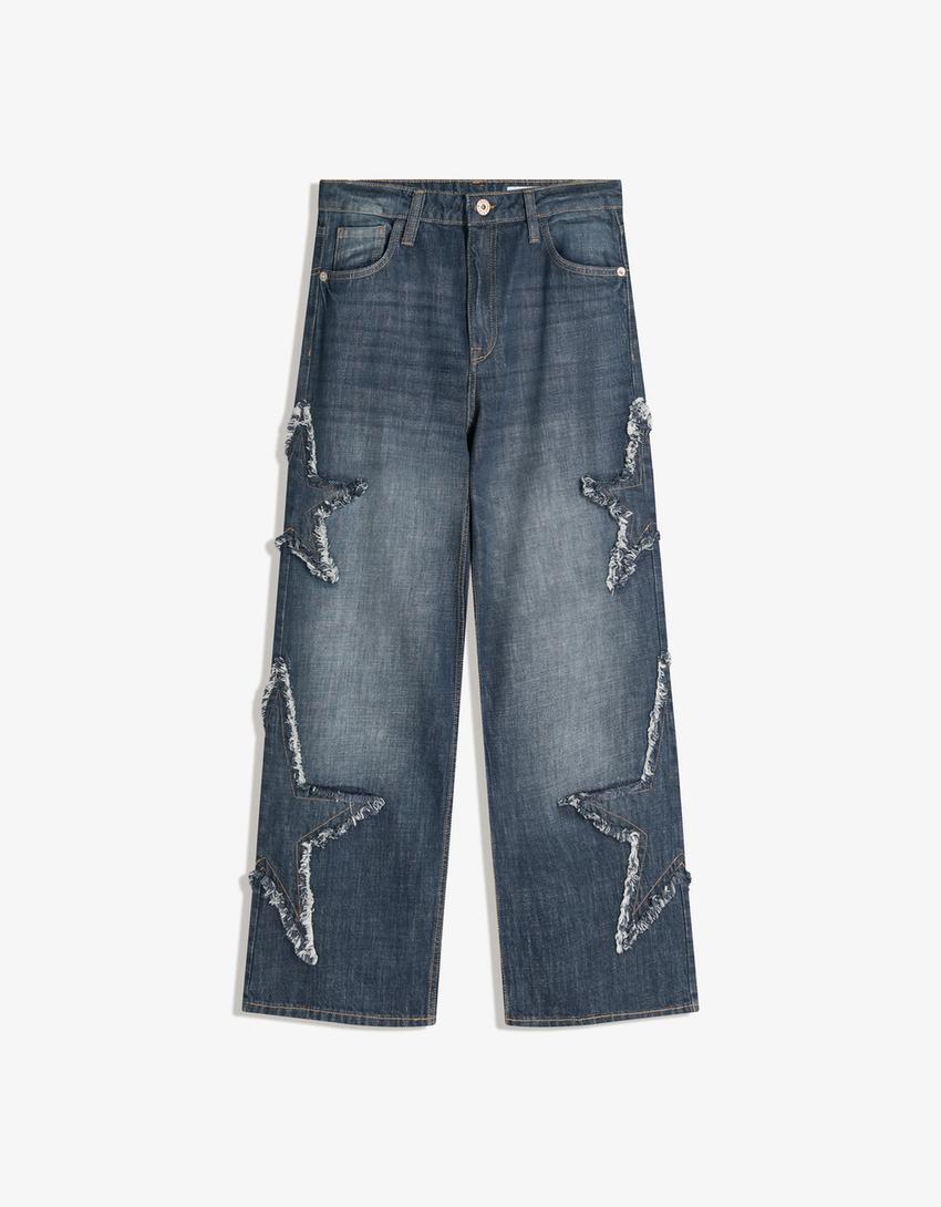Jeans baggy fit bordado estrelas-Azul