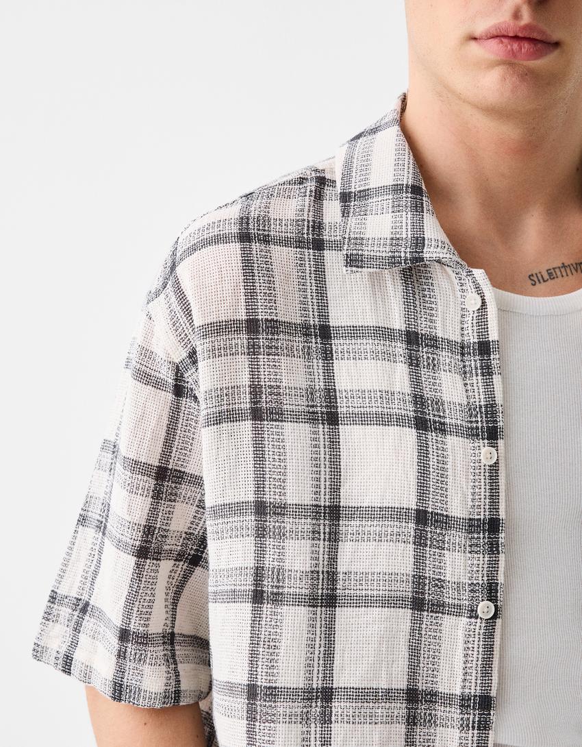 Chemise manches courtes rustique carreaux-Gris-5