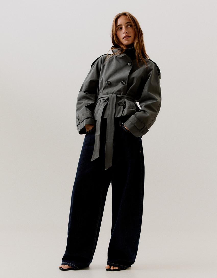 Funnel neck trench coat-Dark grey