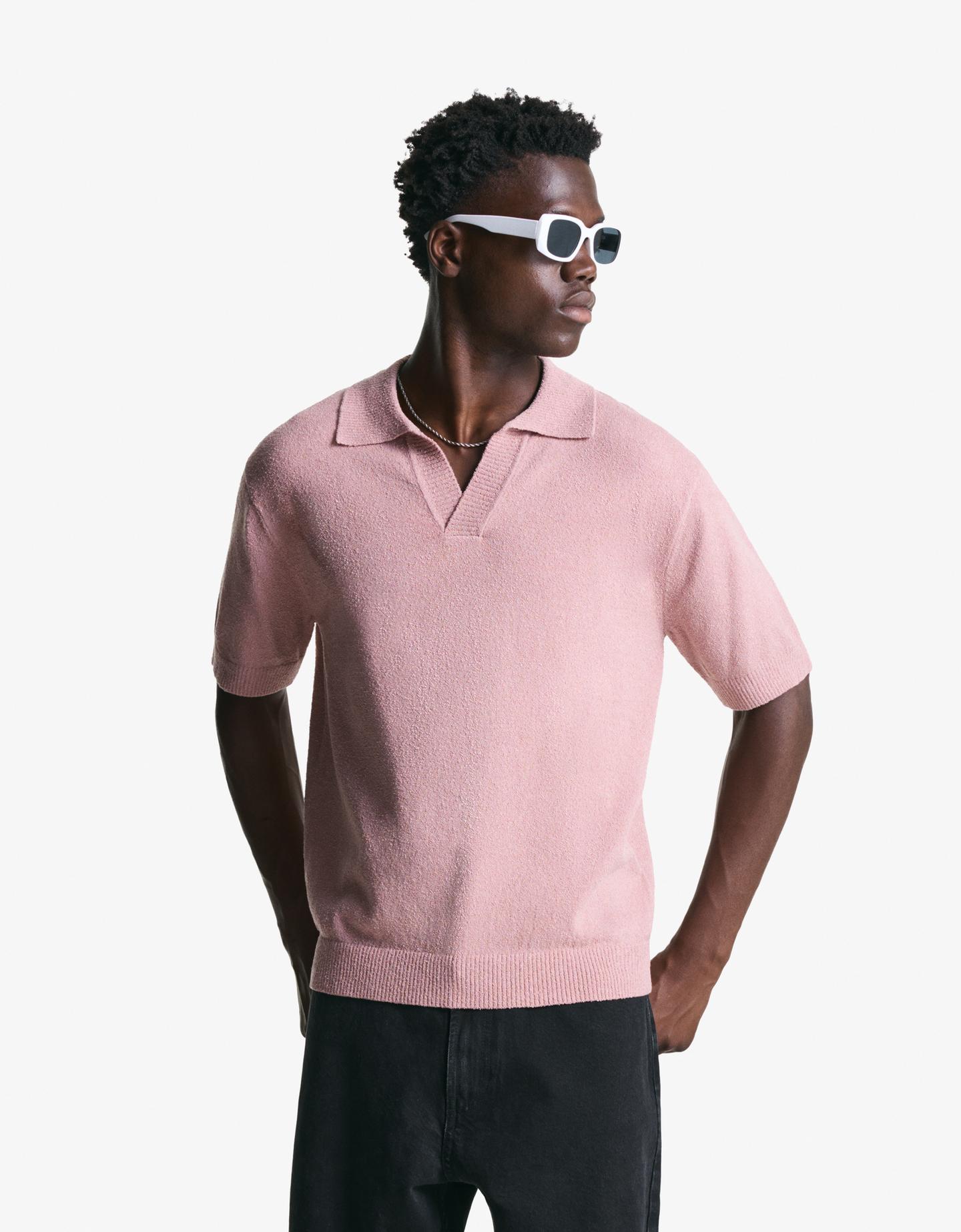 Bershka polo strukturalna tkanina frotte różowy