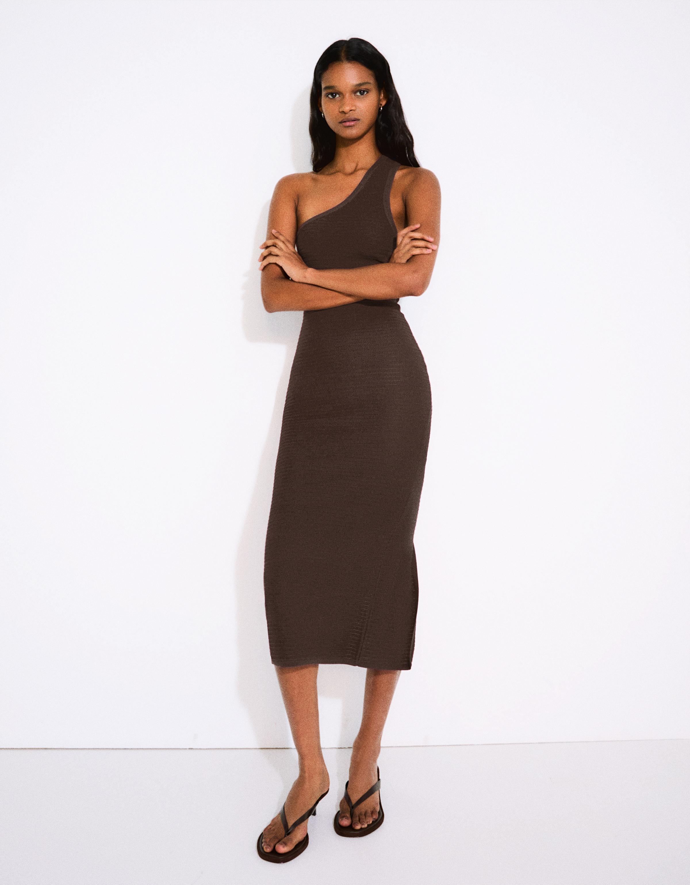 Bershka Asymmetrisches Rustikales Midikleid Damen Xxs Braun