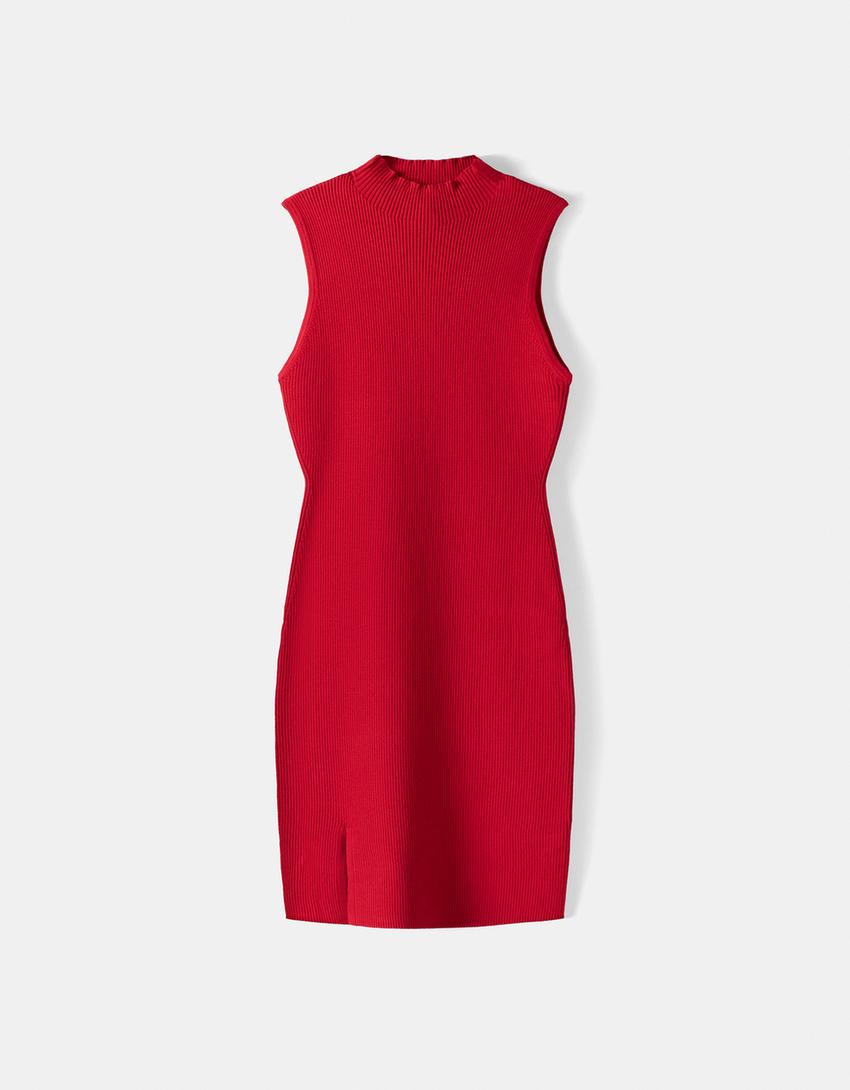 Kolsuz örgü dik yaka mini elbise-Kırmızı-4