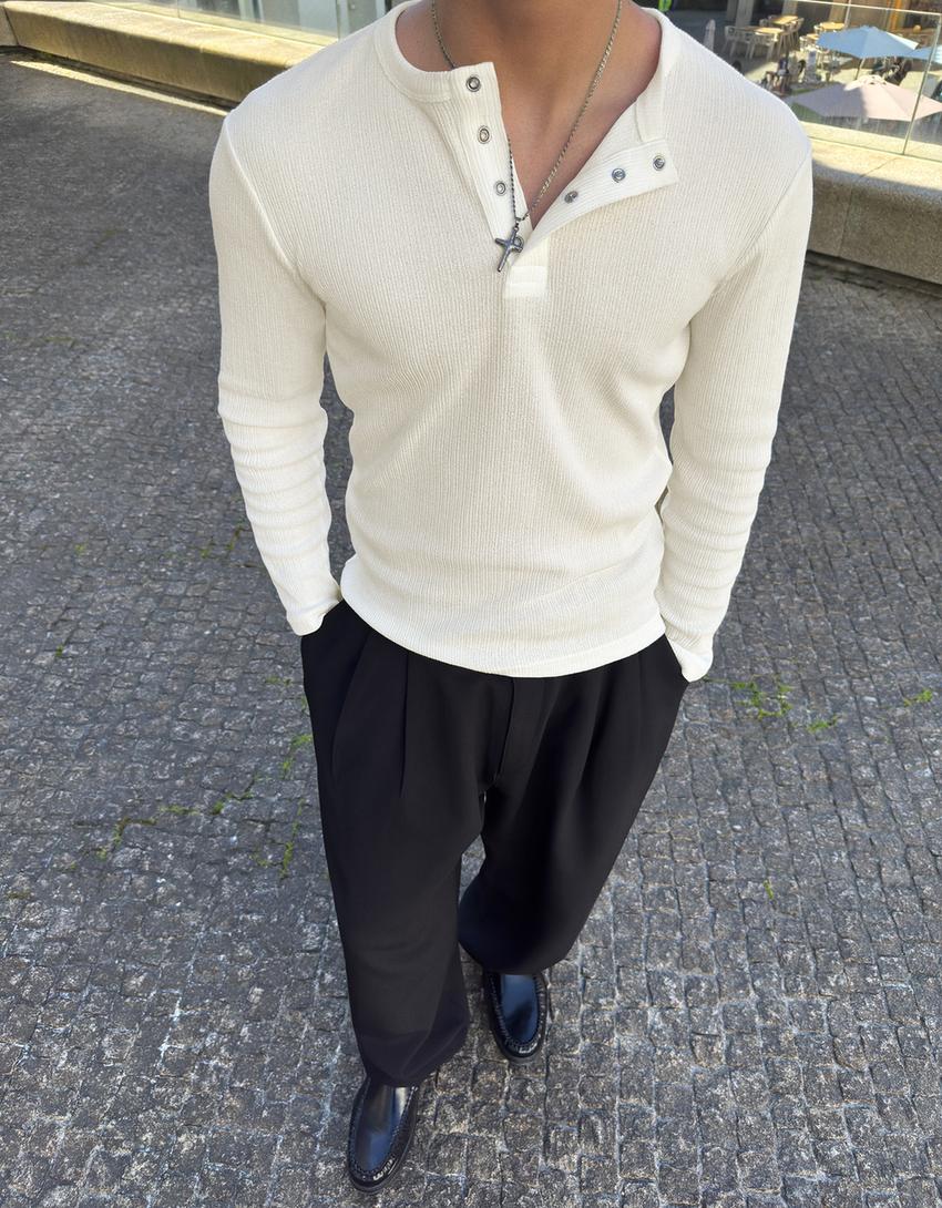 T-shirt à manches longues texturé-Blanc cassé