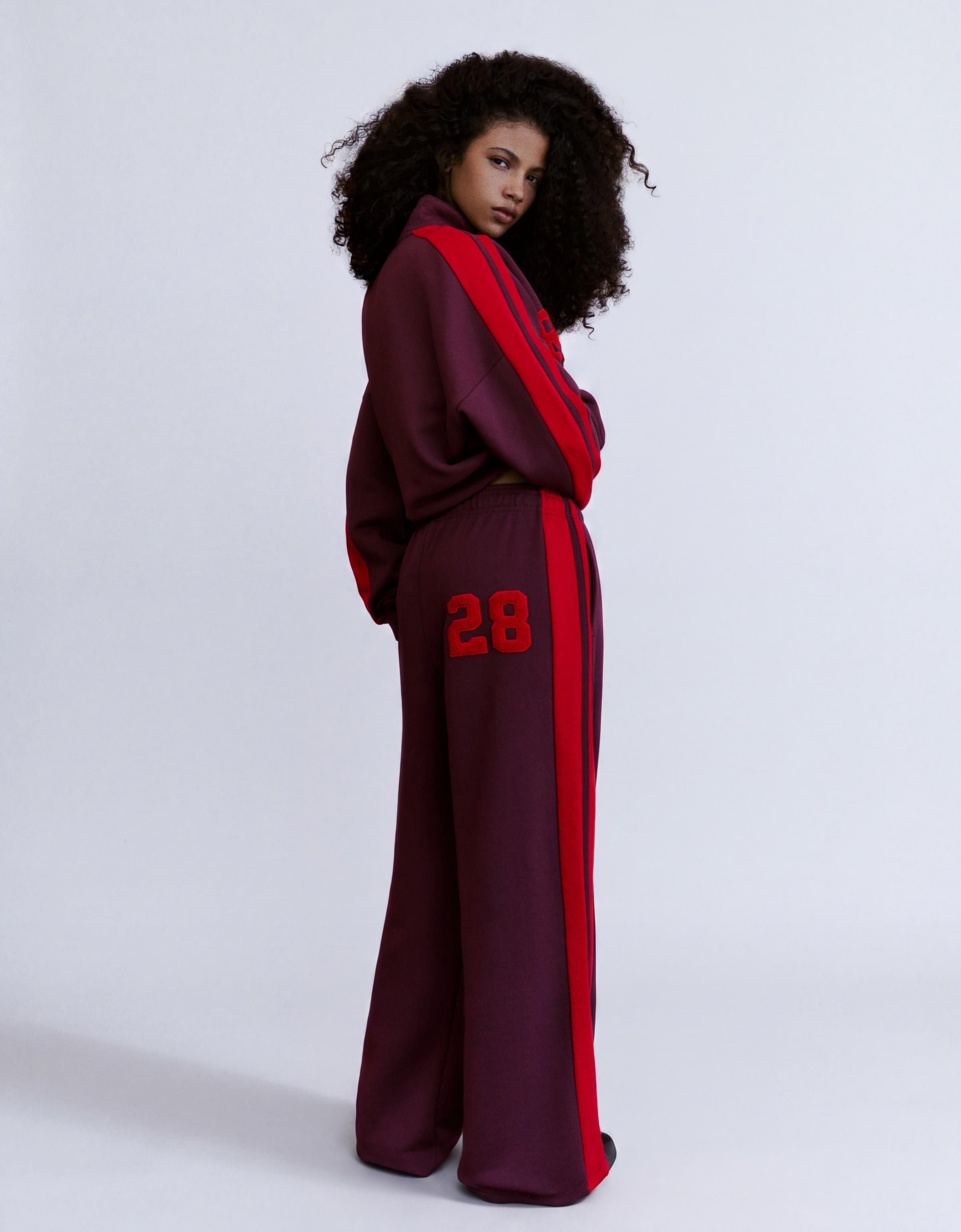 Wide-leg embroidered plush trousers — Burgundy