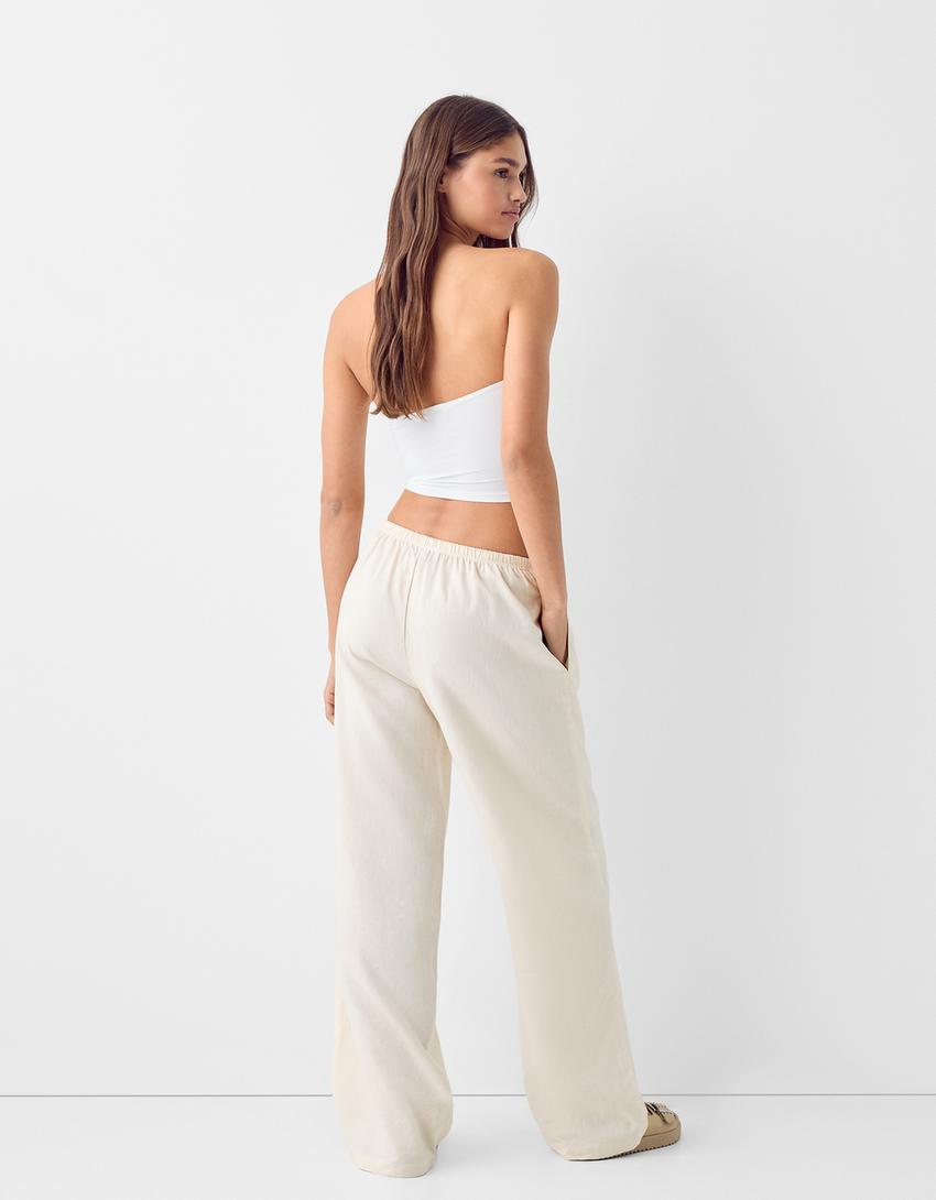 Straight-leg linen blend pants with an elastic waist-Sand-2